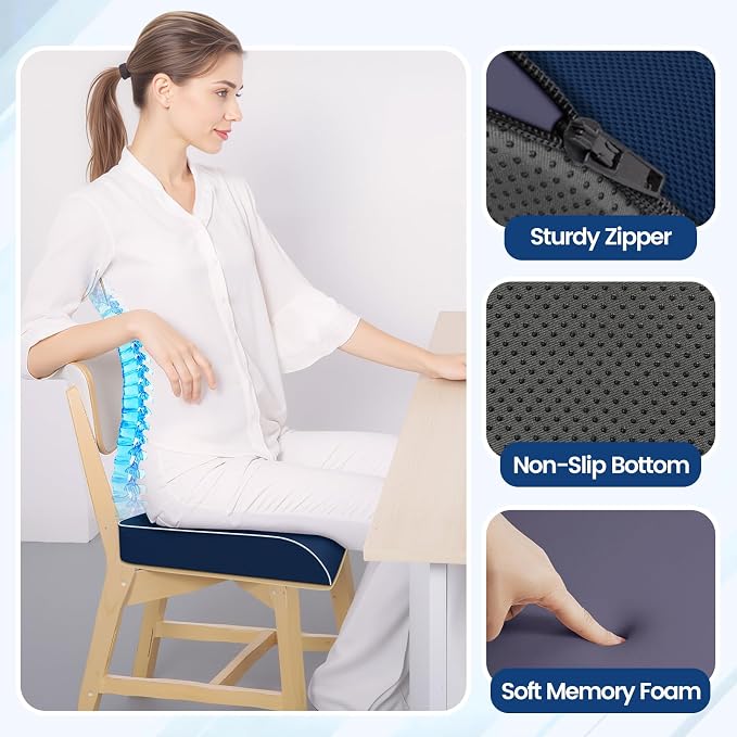SweetSlubr Seat Cushion for Tailbone Pain Relief, Office Chair Cushion, Memory Foam Large Chair Pad with Non-Slip Cover for Soft Support at Office Chair, Car Seat, Airplane Drak Blue/2X-Large