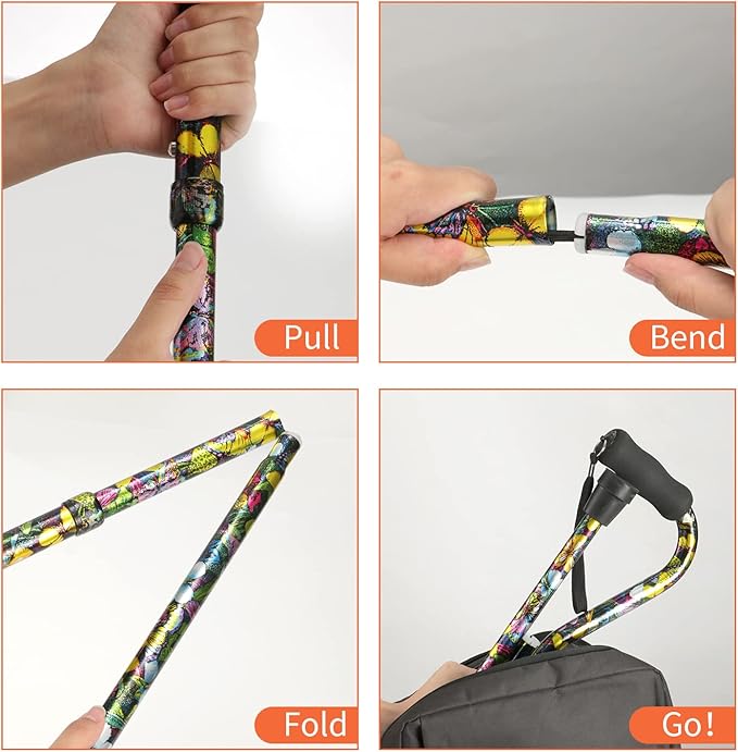Floral Canes for Women Folding Cane for Stability with Non-Slip Base, Adjustable Walking Cane for Seniors - Lightweight Collapsible Walking Sticks with T & Offset Handle