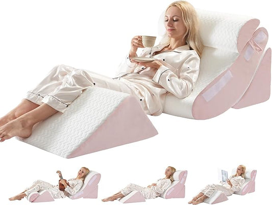 4PC Geriatric Wedge Pillow System - Elderly Bed Wedges for Sitting/Sleeping, Post Surgery Body Positioner with Non-Slip Base (Ideal for Seniors & Pregnancy), White Pink