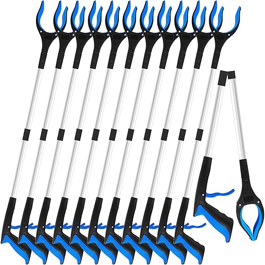 12 Pack 32 Inch Commercial Trash Grabber for Elderly Assist, Heavy Duty Lightweight Reacher with Ergonomic Handle & Non-Slip Grip, Multi-Use Outdoor Home Garden Cleanup Mobility Aid Tool (12, Blue)