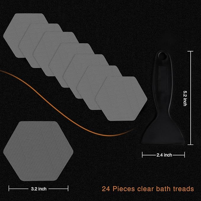 Bathtub Stickers Non-Slip, 24 PCS Hexagon Grey Safety Shower Treads Adhesive Appliques with Premium Scraper