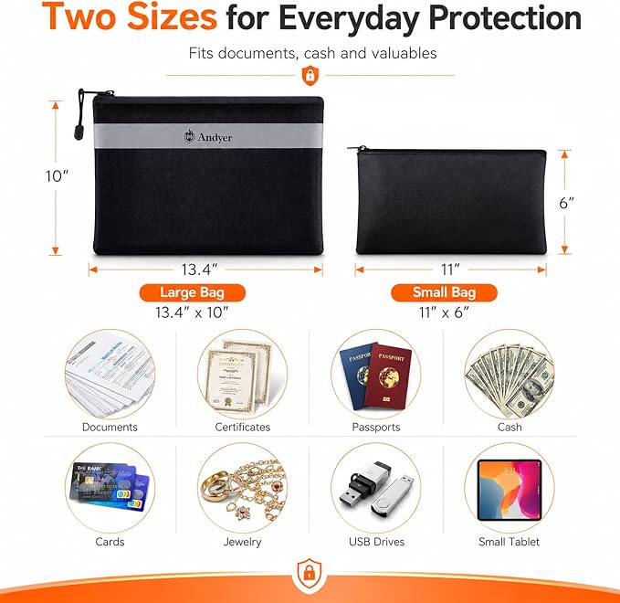 Andyer Fireproof Money Bag for Cash, 2 Pack Fire Proof Bag for Documents | 13.4"x10" and 11"x6" Fireproof Document Bag with Reflective Strip, Waterproof Document Pouch for Important Papers, Passports