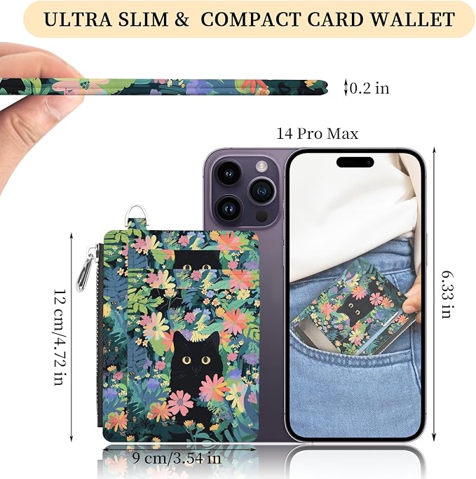 Hancynir Black Cat Slim Wallet Women Credit Card Holder, Cute Small RFID | Zipper Pocket Wallet, Thin Travel Coin Purse, PU Leather, Minimalist Card Case, 6 Card Slots, ID Window, Ladies Women Gifts