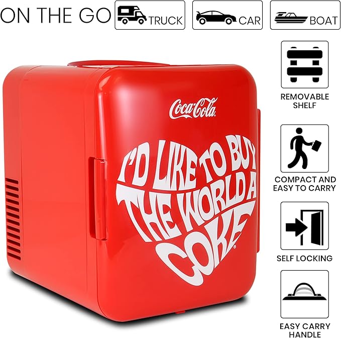 Coca Cola World 1971 Series Portable 6 Can Thermoelectric Mini Fridge Cooler/Warmer, 4 L/4.2 Quarts Capacity, 12V DC/240V AC for Home, Dorm, car, Boat, Beverages, Snacks, Skincare, Cosmetics