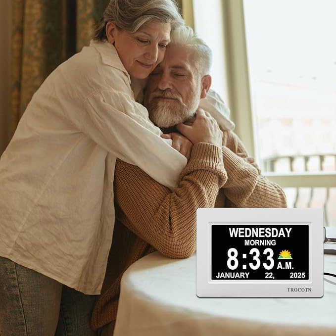 TROCOTN Dementia Clocks, Large Display Calendar Alarm Clock with Auto DST for Seniors, 5 Display Modes Large Font Digital Clock with Custom Alarms Day Date Clocks. (7 Inch White)
