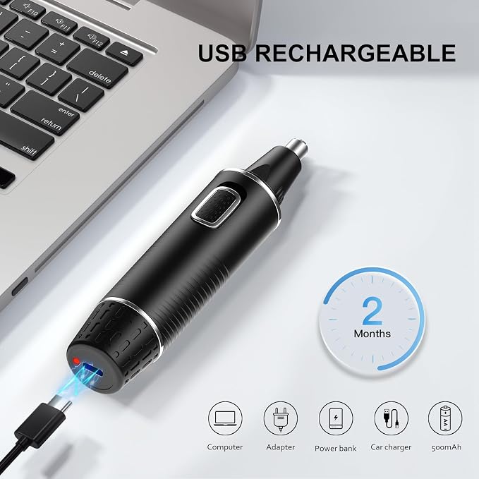 XOOMRSCP Professional Rechargeable Nose Hair Trimmer for Men – 2-in-1 Painless Ear & Nose Trimmer with IPX7 Waterproof Dual-Edge Blades, Also for Eyebrow & Facial Hair (Black Silver)
