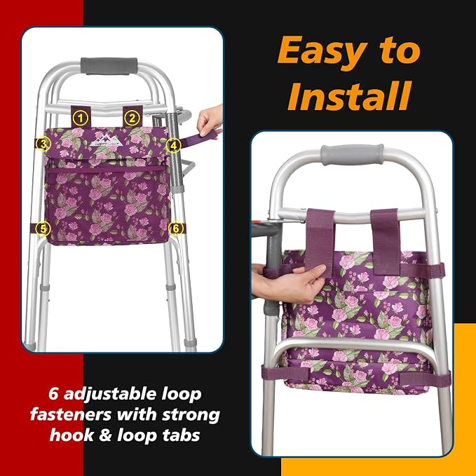 supregear Walker Side Bag, Water Resistant Accessory Basket Pouch for Folding Walkers, Lightweight Hand Free Storage Carrier Tote, Universal Size Seniors Caddy Attachment, Floral Purple