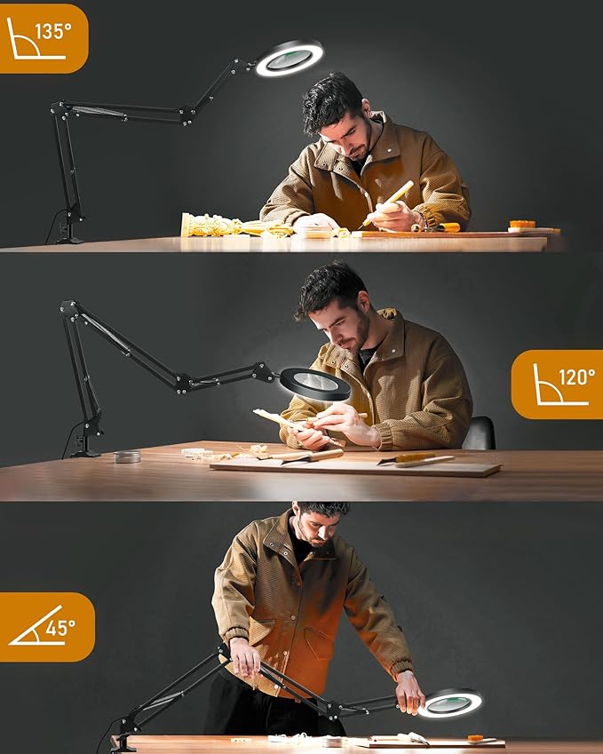 NOEVSBIG Magnifying Glass Desk Lamp with 3-Section Swing Arm and Big Clamp, Magnifying Glass with Light and Stand, 10X Wide Desk Magnifier Light for Reading/Office/Crafting/Close Work