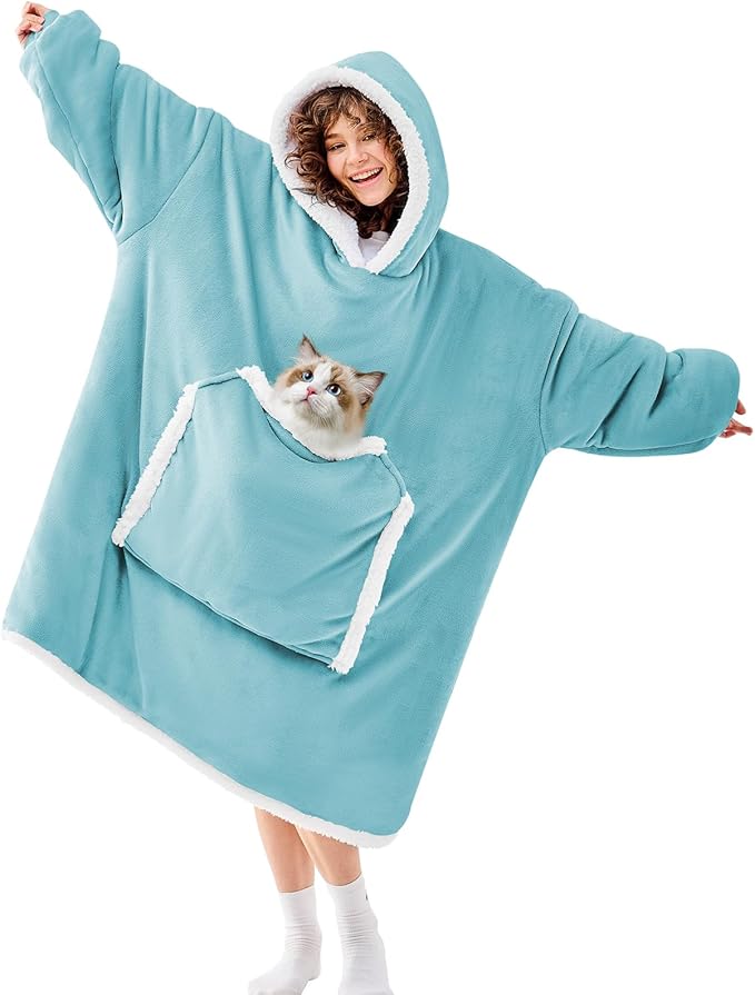 JOYWOO Turquoise Teal Oversized Wearable Blanket Hoodie,Cat lovers Long Hoodie Blanket for Adult,Birthday Gifts for Women Men Mom,Cozy Sherpa Hooded Blanket Giant Pocket Winter Gifts,Teal Oversize