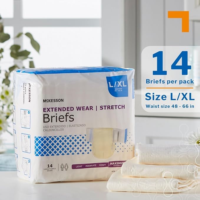 McKesson Extended Wear Stretch Briefs, L/XL 48, Large, 66 in, 56 ct | Overnight Adult Diapers with Tabs, Unisex Disposable Incontinence Briefs for Men and Women
