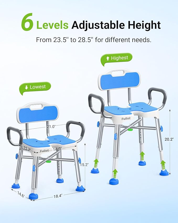 Ergonomic H-Shaped Shower Chair for Elderly and Disabled with Padded Back & Arms,500 lbs Heavy Duty Adjustable Shower Stool Seat for Easy Cleaning, Anti-Slip Bath Chairs for Bathtub