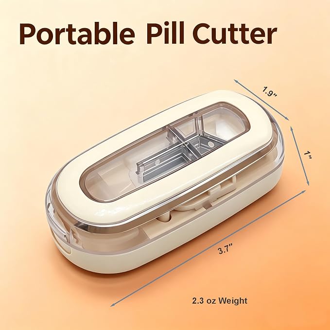Pill Cutter for Small Tiny and Large Pills, Dual Blade Pill Splitter for Clean and Precise Cuts into 1/2, 1/3, 1/4, with Centering Device, Storage Organizer, Portable & Easy-Grip Design