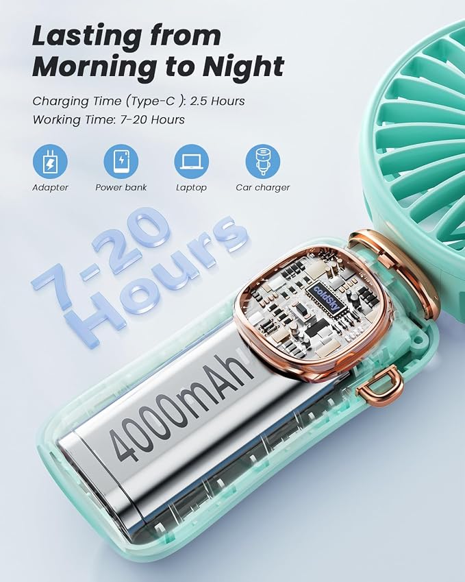 coldSky Portable Handheld Fan, 4000mAh Battery Operated Fan with LED Display, Handheld/Neck/Desk 3 in 1 Personal Small Fans, 90° Foldable Desk Fan with Base, 5 Speed Makeup Lash Fan for Women Green