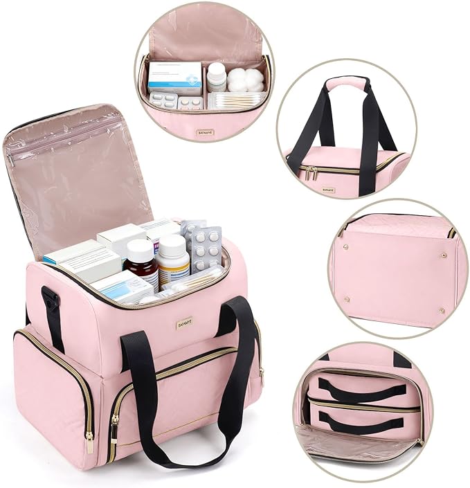 BAFAMYE Large Medicine Storage Bag with 2 Removable Cases, Medicine Storage Bag with Multiple Storage Sections,with Shoulder Strap,Suitable for Travel or Home,Pink