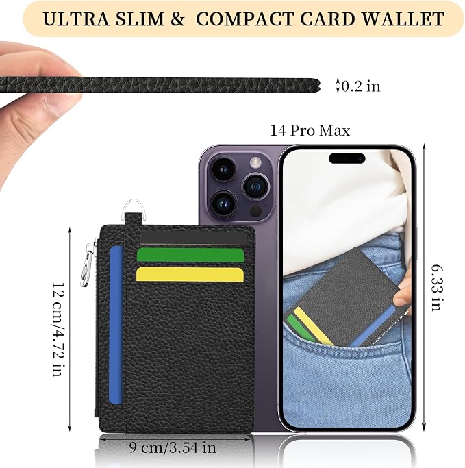 Hancynir Black Minimalist Slim Wallet Women Credit Card Holder RFID Small | Zipper Pocket Wallet, Thin Travel Coin Purse, Ladies Women Men Gifts, Cute Card Case, 6 Card Slots, ID Window, PU Leather