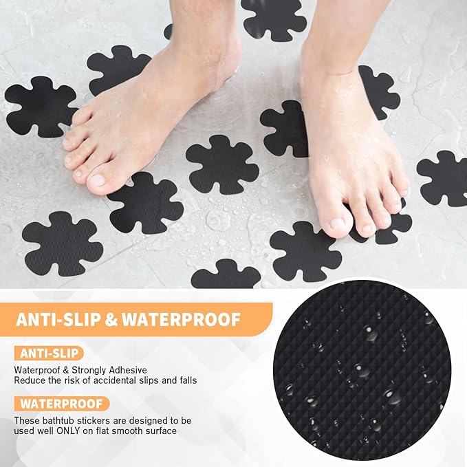 Non Slip Bathtub Stickers, 24 PCS Shower Safety Decals - Bathtub & Shower Floor Non Slip Stickers, Adhesive Decals Scraper for Stairs & Ladders (Flower Shape, Black)