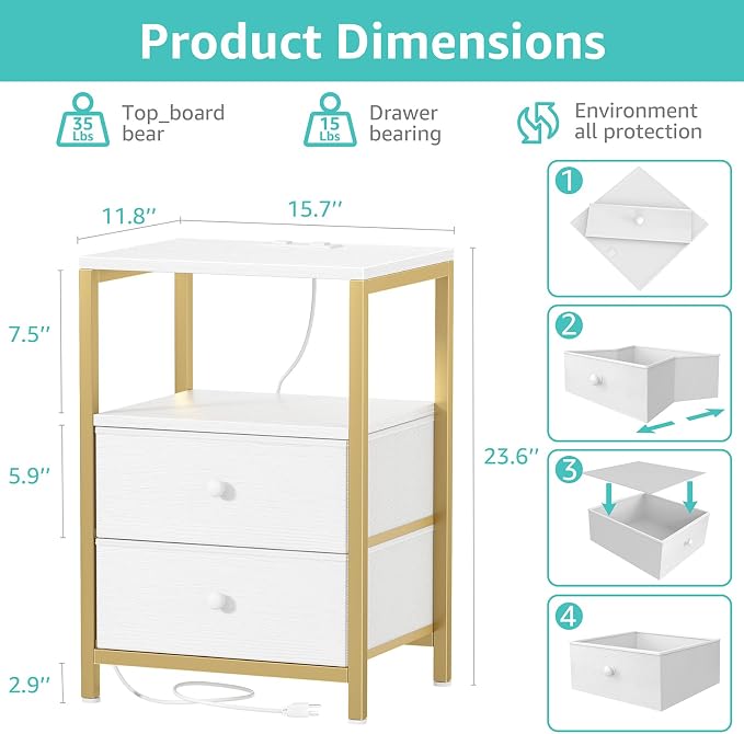 BOLUO Nightstand with Charging Station, LED Night Stand with 2 Fabric Drawers, Bedside Table with USB Ports and Outlets, Nightstand for Bedroom Modern