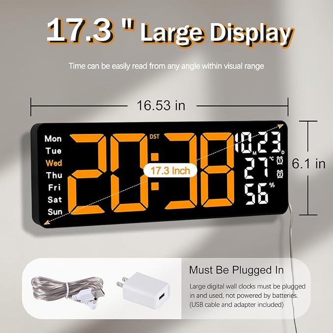 JoFomp 17.3" Large Digital Wall Clock, LED Digital Clock Large Display with Remote Control, Alarm Clock with Temp/DST/Dimmer/Humidity/Timer/Ambient Light - 12/24H, Alarm Wall Clock for Bedroom