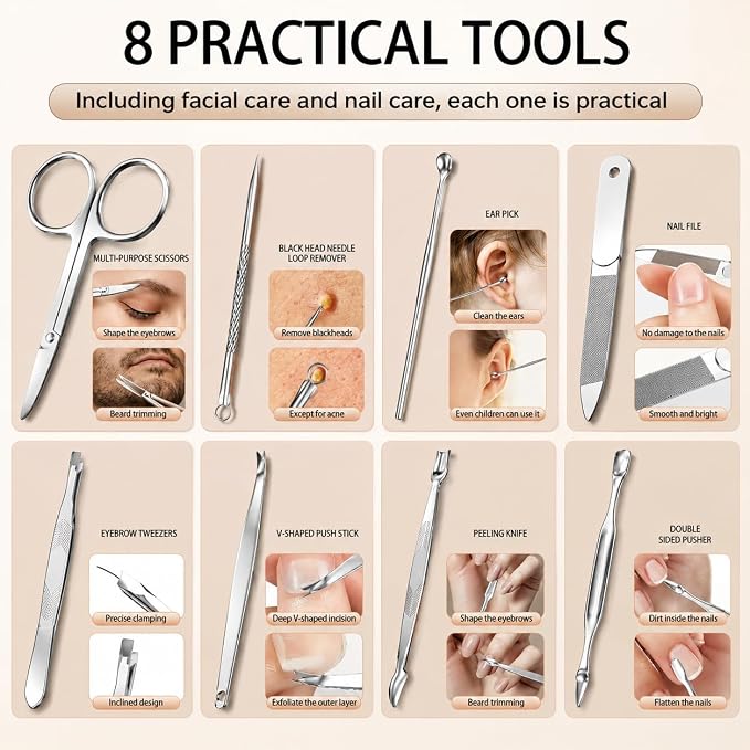 Manicure Set, Stainless Steel Nail Clipper Set with Luxurious Travel Case | 12-Piece Set with Thicker Steel, Precision-ground Cutting Edges, and Smooth-finished Tools for Clean, Precise Trimming.
