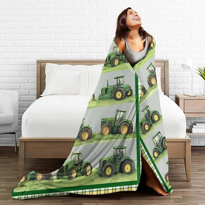 Truck Blanket Soft Cozy Green Truck Plush Throw Blanket Warm Equipment Tractor Flannel Fleece Bedding Stuff Decor Blanket Gifts for Lover Teens Kids Girls Boys Women Adults Bed Travel 40"x50"