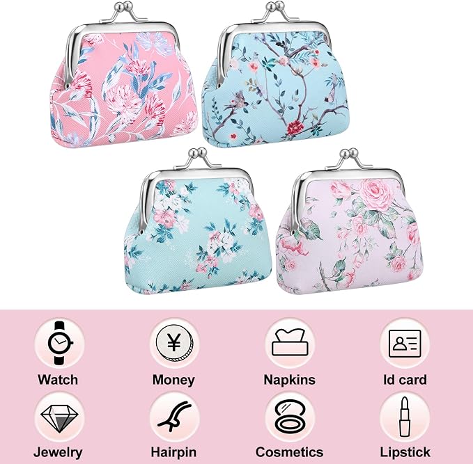 Liliaafar 4 Pcs Mini Backpack Keychain Mini Coin Purses for Women Cute PU Leather Makeup Bag with Keychain, Multi Pocket Card Holder Cable Organizer Giftable Zipper Pouch (Floral)