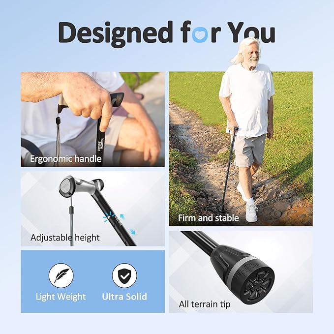 HEALTHBAZAAR Walking Cane for Men & Women, Foldable Cane with Shock Absorption - Adjustable, Lightweight Collapsible Walking Stick for Seniors & Adults, Comfort Grip Handle, Heavy Duty All Terrain Tip