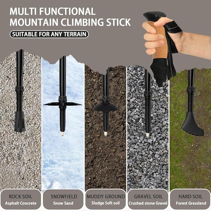 HUINING Hiking poles with cork handle, foldable hiking poles, telescope, Nordic walking poles for men and women, trekking poles, ultralight trekking poles made of aluminium with lots of accessories