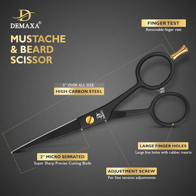 DEMAXA 5" Professional Beard Scissors for men Mustache Scissors with 1 Mustache Comb, 1 Beard Comb & Soft Pouch – Prefect Beard shears mustache kit for All Facial Hair – moustache Grooming kit for Men
