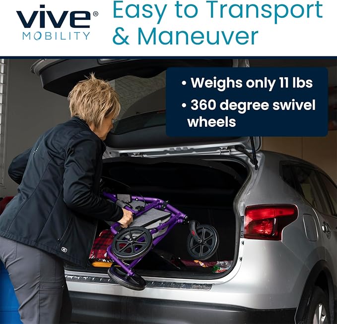 Vive Mobility 3 Wheel Walker - Three Wheeled Rollator for Seniors - Lightweight, Foldable, Narrow, Heavy Duty - for Elderly Men Women - Folding 3-Wheel Tri Scooter with Basket Bag