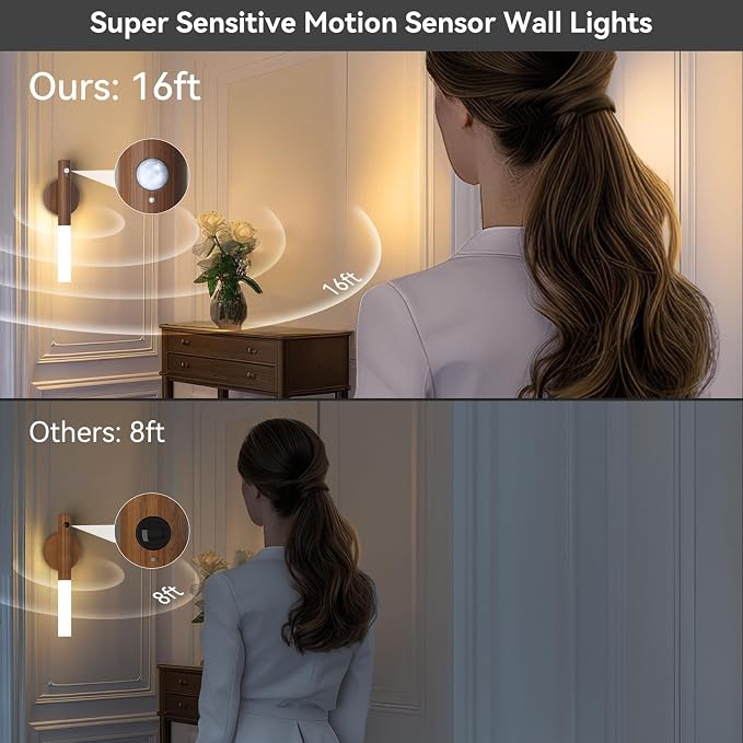 Wooden Motion Sensor Lights Indoor - Magnet Body Hallway Rechargeable LED Wireless Battery Operated Wall Sconce, Portable Decor Torch Night Lighting for Bedroom (Walnut Wood 2PCS) | Battery operated wall lights magnetic night lights wooden wall decor f...