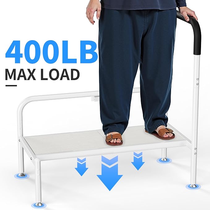 Bed Step Stool for Adults, Bedside Steps for Elderly Seniors with Non-Slip Handle & LED Light, Stable Assist Rail for High Beds with Storage Bag