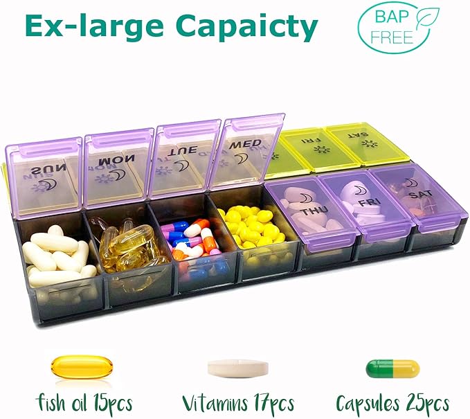 Mossime XL Large Daily Pill Organizer 2 Times a Day, Extra 7 Day Pill Box Am Pm, Weekly Day Night Vitamin Holder, Medicine Organizer, Big Pill Container, Medication Dispenser 14 Compartments