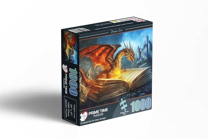 Adult Jigsaw Puzzle 1000 Piece Fantasy Dragon | Dragon bursting from a book with castle scene; 20x27 in. Great for game nights on a table, puzzleboard, or floor.