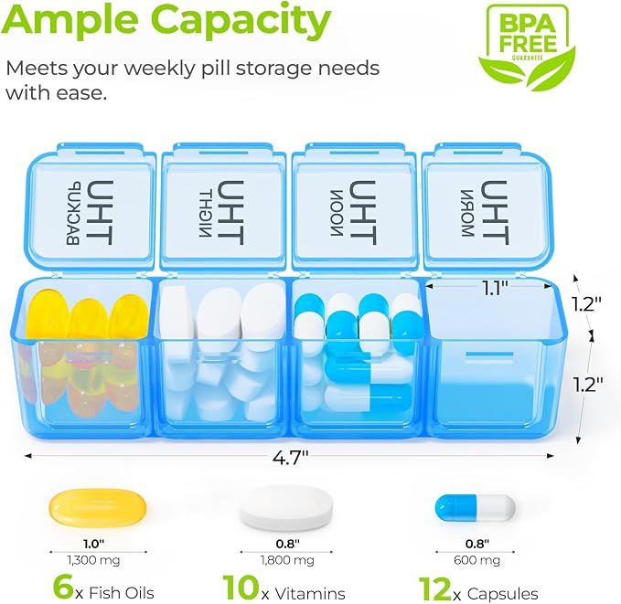 AUVON Weekly Pill Organizer 4 Times a Day with Face-Up Labels for Easy Track, Large Pill Box 7 Day with Dual Protection, Removable Containers for Travel, Pill Case for Medication, Vitamins, Fish Oils