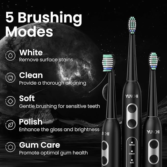 YUNCHI Electric Toothbrush Birthday/Valentine Plastic 8 Dupont Heads 24-Mo Deep Cleans Gentle Gums Removes Stains 3Hr USB-C 90d 2-Min Timer/30s IPX7 - Black
