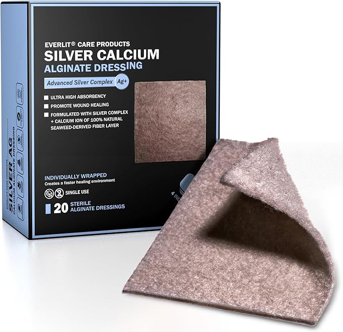 EVERLIT AG Silver Calcium Alginate Wound Dressing | Absorbent Non-Stick Sterile Dressing Pad | Gentle Hemostatic Gauze with Natural Gelling Fiber for Wound Care (4" x 4" | Pack of 20)