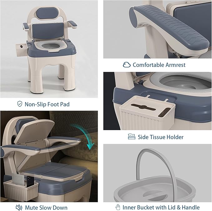 Bedside Commode Upgraded Safety Commode Toilet For Elderly And Disabled Portable Home Bedside Commode Chair Adult Potty Chair Seniors With Adjustable armrests,Bedside Toilet-Supports 660 Lbs (Blue)