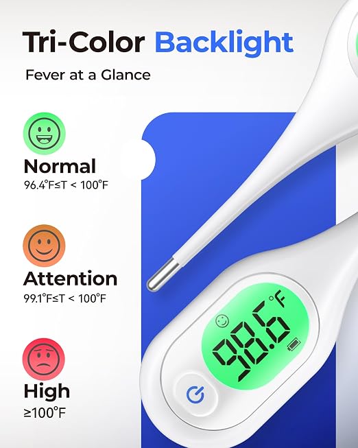 Femometer 7 Seconds Digital Thermometer for Adults and Kids | Large Screen, 3-Color Backlight, Fever Alarm, for Oral Rectal Underarm Bath Use, 10 Memory Recall, Water Resistant