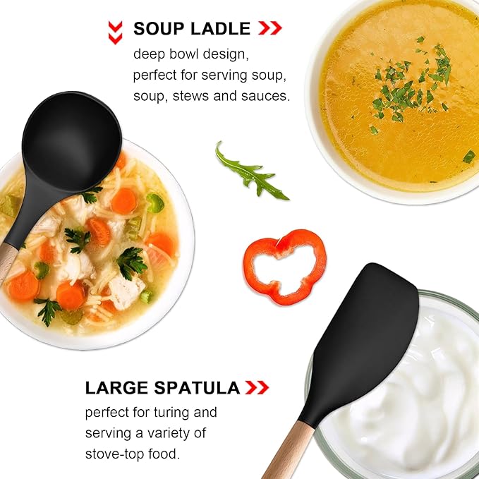 Silicone Cooking Utensils Set of 5, Heat Resistant Silicone Kitchen Utensils Set with Wooden Handle, BPA Free Spatula Spoon Turner Ladle Cooking Kitchen Gadgets for Nonstick Cookware & Baking