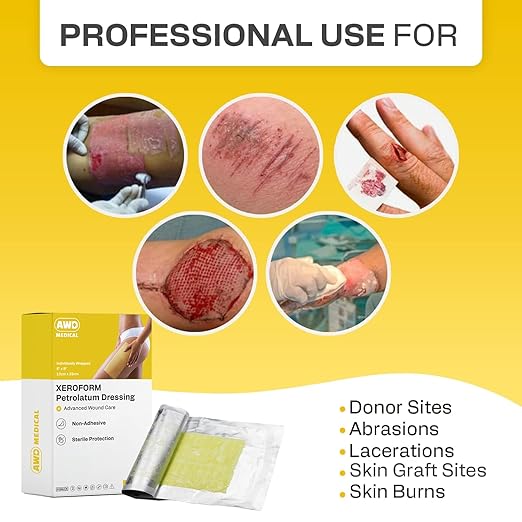 AWD Medical Xeroform Petrolatum Dressing 5x9 - Non-Adhering Gauze Pads - Fine Mesh Gauze Patch Sterile - Healthcare Supplies for Wound Care, Burns, Lacerations, & Skin Grafts Aide (Box of 25, 5"x9")