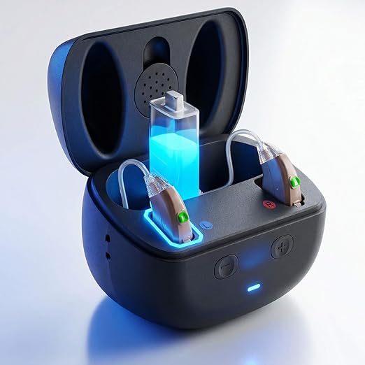 EarCentric EasyCharge PRO Digital OTC Hearing Aids for Seniors – No App, No Bluetooth Needed – Remote Control Charging Case with UV Light & Auto-Dryer