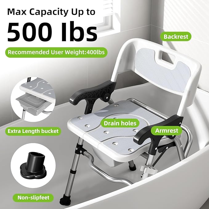 3-in-1 Shower Chair for Seniors, Foldable Bedside Commode, Height Adjustable Raised Toilet Seat with Removable Bucket, Padded Arms & Back Support for Elderly, Adults, 400 lbs Capacity (White)