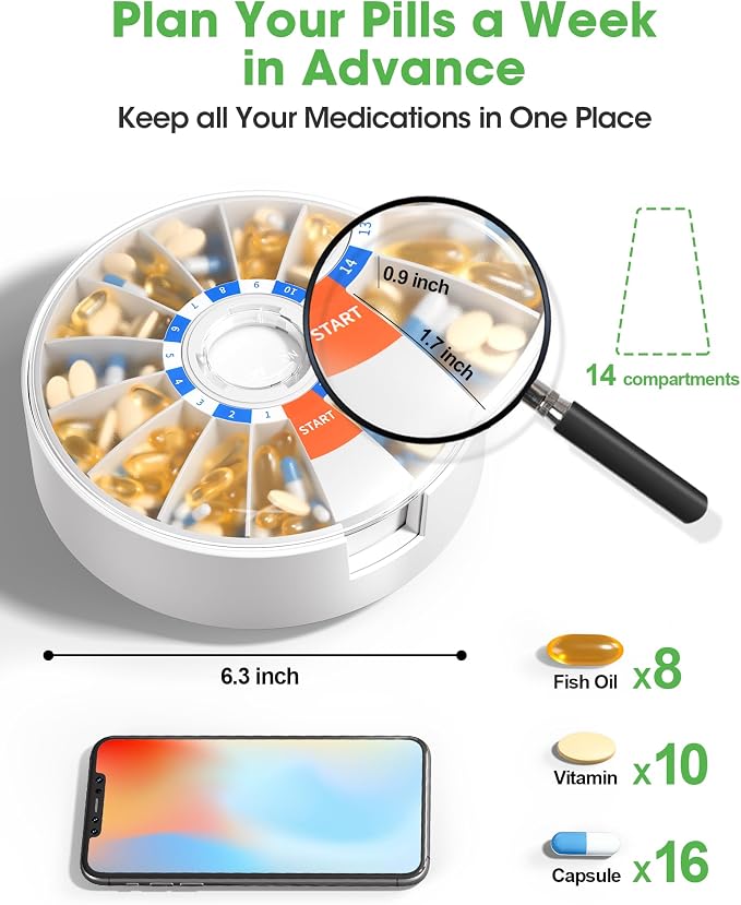 Daviky Daily Pill Dispenser, Large Capacity 14-Day Pill Organizer Box | Push Button Dispensing, Easy Open, Wall-Mounted or Standing, 14 Compartments, Senior-Friendly, for Medication & Vitamins