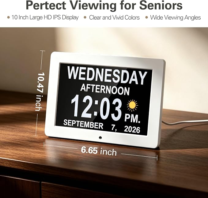 JALL 10" Large Digital Calendar Day Clock for Seniors 2026 - Easy to Read Alzheimer's Dementia Memory Loss Clock for Elderly with IPS Wide Angle，Day & Date, 12 Custom Alarms & Auto-Dimming, White