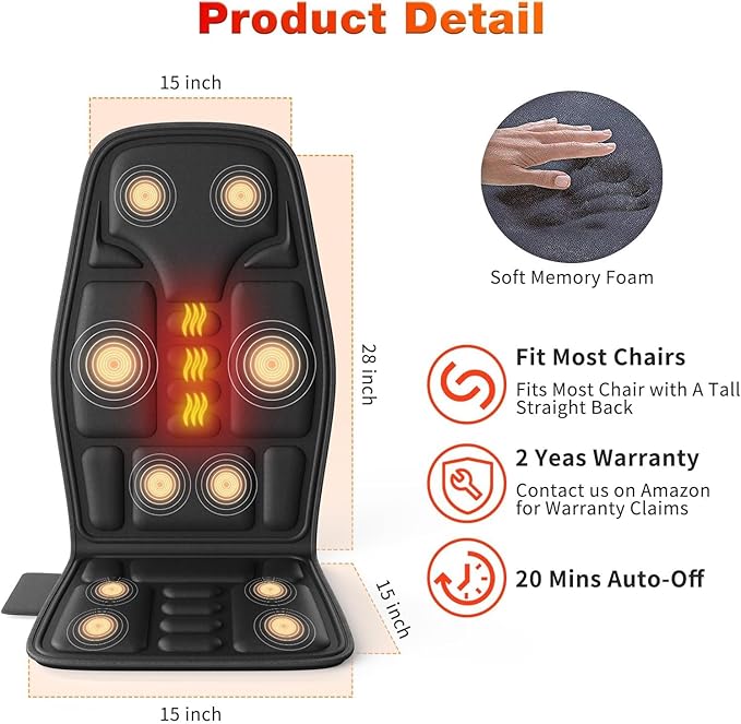 SLOTHMORE Vibration Back Massager for Chair with Heat, Chair Massager Pad with 8 Vibration, Seat Cushion for Seniors, Office Workers & Family, Fatigue & Pain Relief in Office, Home & Travel