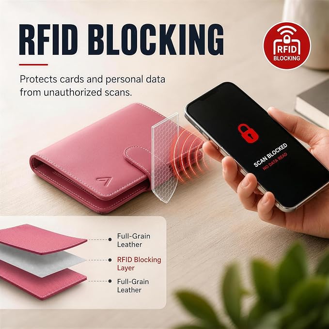 ALLIVE passport holder for travel family of 4, RFID Blocking Passport Wallet Document Organizer for Women & Men, Genuine Leather Cover with AirTag holder, Airport Essentials, Travel Gift (Rose Pink)