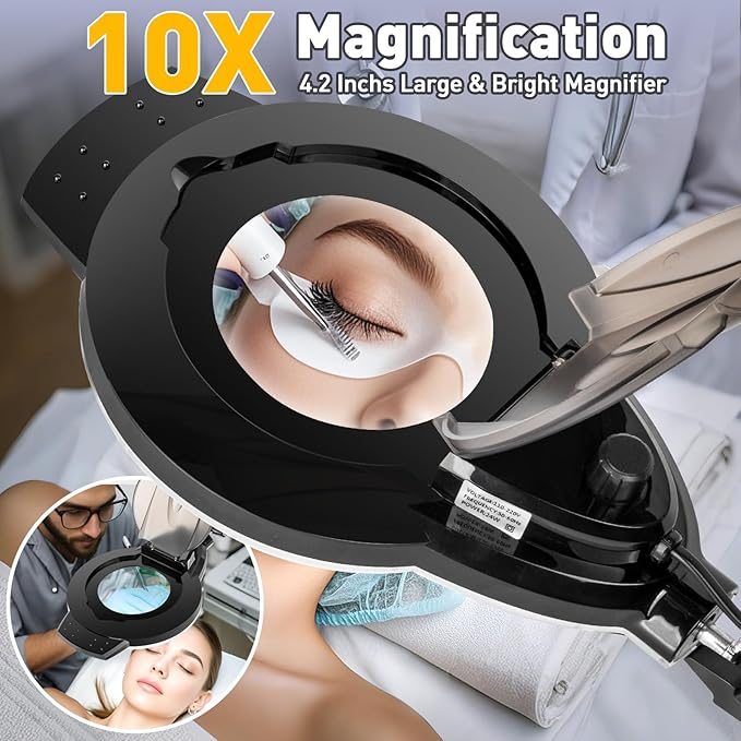 10X Lighted Magnifying Glass with Light, NUEYiO 2200 Lumen Stepless Dimmable Magnifying Floor Lamp, 2-In-1 Adjustable Metal Swing Arm LED Magnifier Lamp, Esthetician Light for Tattoo Reading Soldering