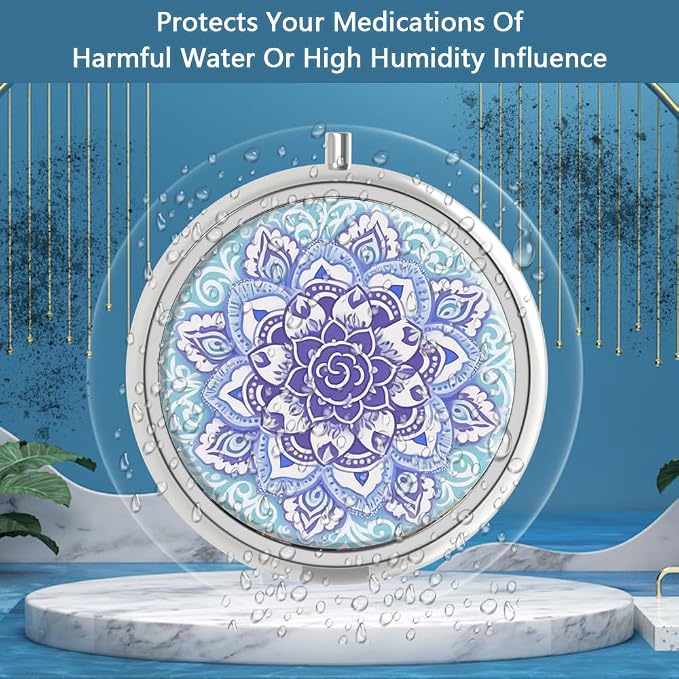 Pill Box 3 Compartment Small Pill Case,Portable for Pocket or Purse Pill Organizer Pill Container Holder to Hold Vitamins, Medication, Fish Oil and Supplements(Mandala Blue)
