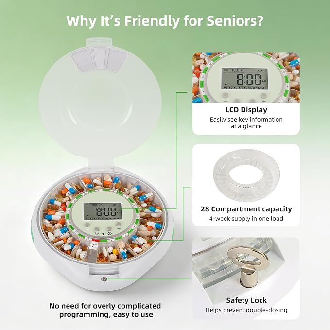 JULOS WiFi Automatic Pill Dipenser with Remote Care Monitoring for Seniors | Up to 9 Doses Per Day with Sound & Light Reminder, Top Lock Key, Ergonomic Lid Design for Elderly & Dementia Care