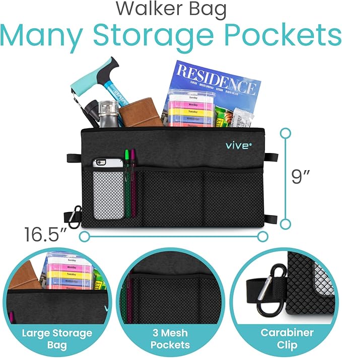 Vive Walker Bag - Accessories Wheelchair Basket Pouch (Water Resistant) - Seniors Caddy Accessory Attachment for Folding, Rolling Walkers - Carry Storage Carrier Tote - Lightweight, Universal Size